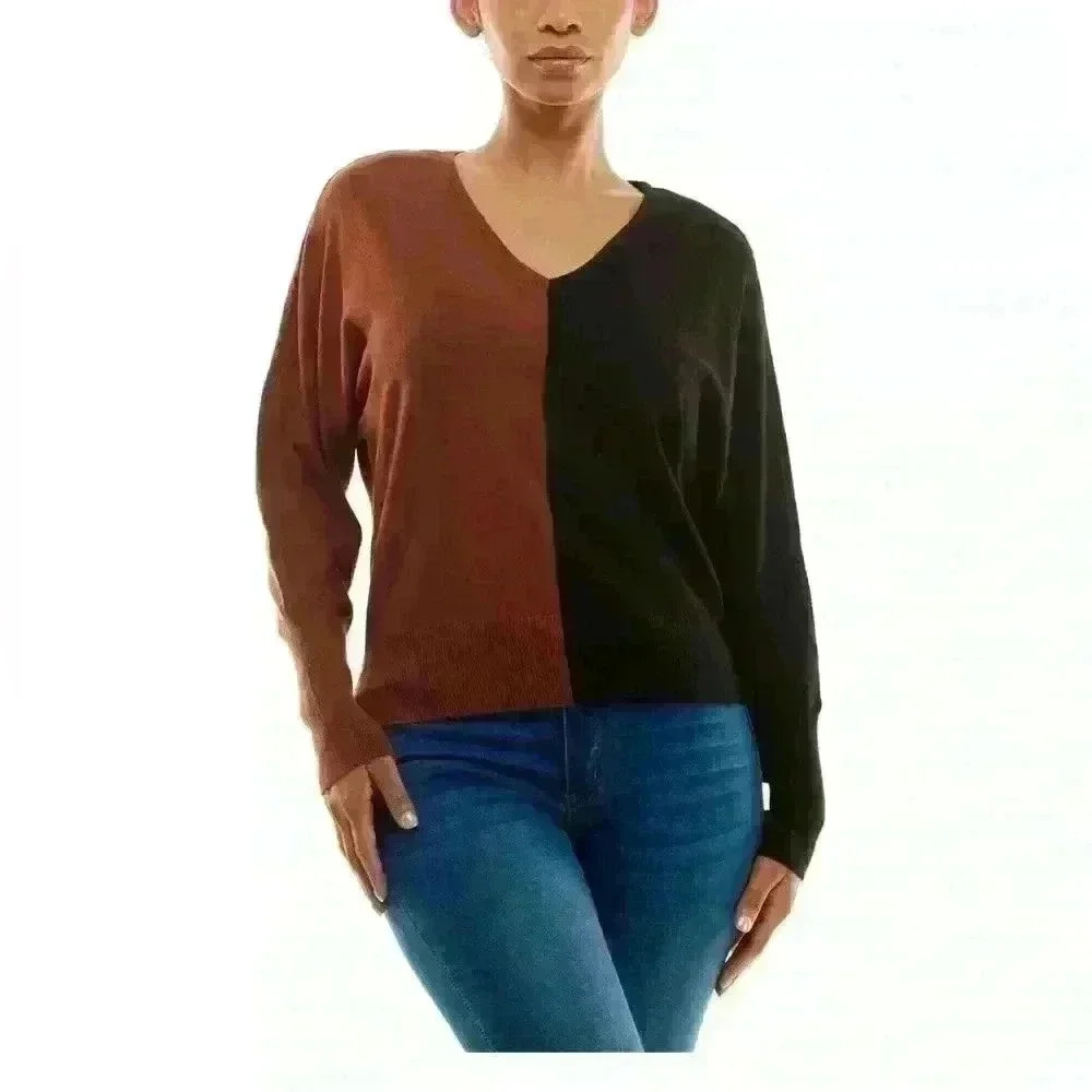 Madison + Hudson Thin V-Neck Colorblock Brown Black Dolman Sleeve Sweater Large - Picture 1 of 9